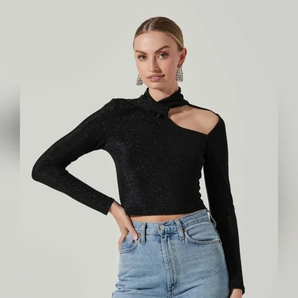 ASTR the Label Black Glitter Crane‎ Top Crop Metallic Cutout Womens Size L